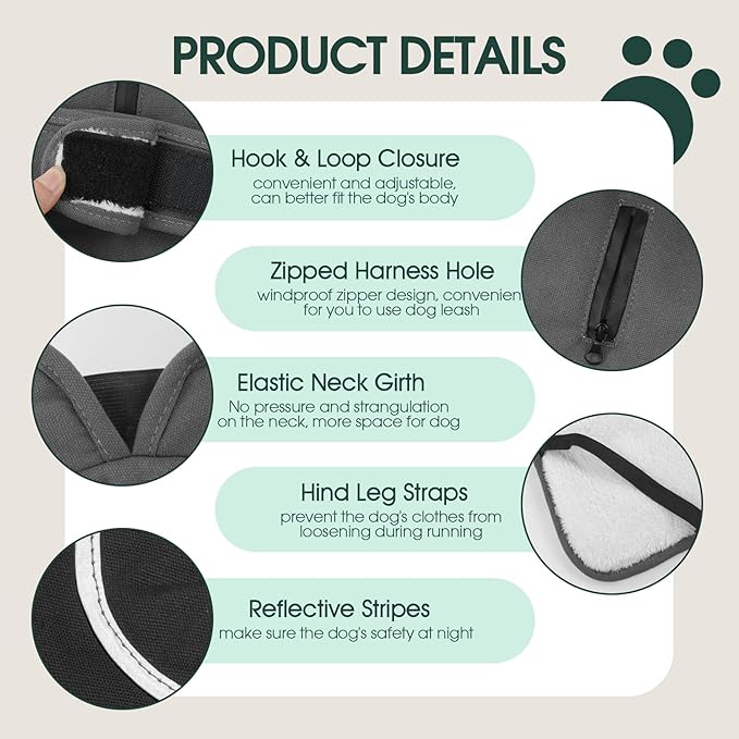 Kuoser Canvas Dog Coat, Warm Dog Jacket Reflective Fleece Pet Cold Weather Coat, Warm Doggie Clothes Waterproof Winter Vest with Zipper Leash Hole for Small Medium Large Dogs, Grey M