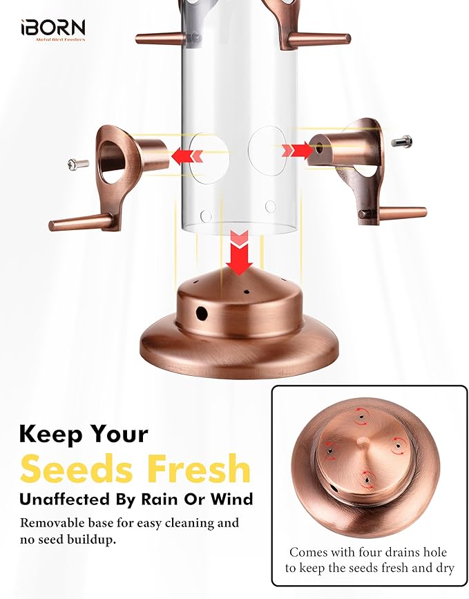 iBorn Metal Bird Feeders Brushed Copper Wild Bird Feeder for Outdoors Hanging All Metal Brushed Copper Finishing 15 Inch 6 Port(Seed is not Included)