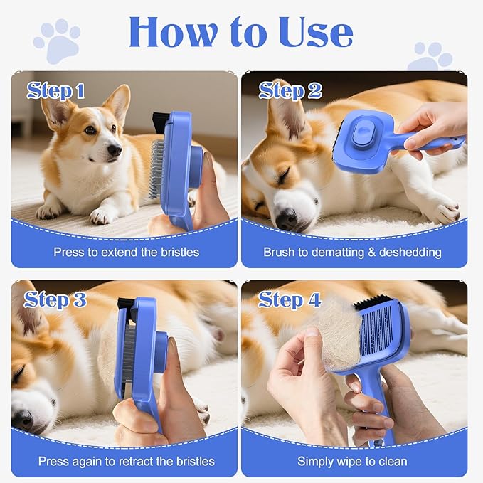 Self Cleaning Dog Brush for Shedding - Bristle Brush and Long/Short Needles Design, Skin Friendly, Slicker Deshedding Dog Brush, Hair Removal for Long & Short Haired Pets (Blue)