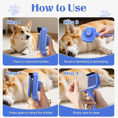 Self Cleaning Dog Brush for Shedding - Bristle Brush and Long/Short Needles Design, Skin Friendly, Slicker Deshedding Dog Brush, Hair Removal for Long & Short Haired Pets (Blue)