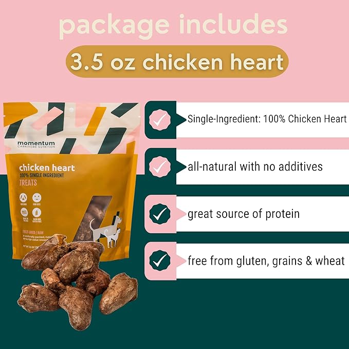 Momentum Carnivore Nutrition Freeze-Dried Chicken Heart Dog Treats & Cat Treats – Single-Ingredient, High-Protein, Grain-Free, Naturally Nutrient-Rich – Made in USA – 3.5 oz Bag