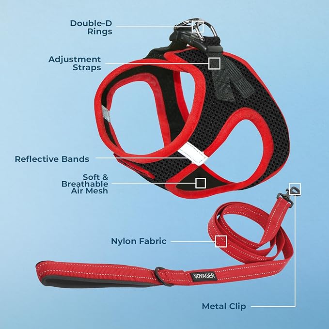 Voyager Step-in Air All Weather Mesh Harness and Reflective Dog 5 ft Leash Combo with Neoprene Handle, for Small, Medium and Large Breed Puppies by Best Pet Supplies - Red Trim, M