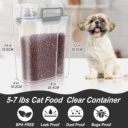 5-7Lbs Cat Dog Storage Container, Portable Pet Food Containers with Upgraded Large Spout and Cup, Small Animal Kibble Dispenser for Bird Seed, Oatmeal, Rice, Flour (1, Clear Gray, 5L)