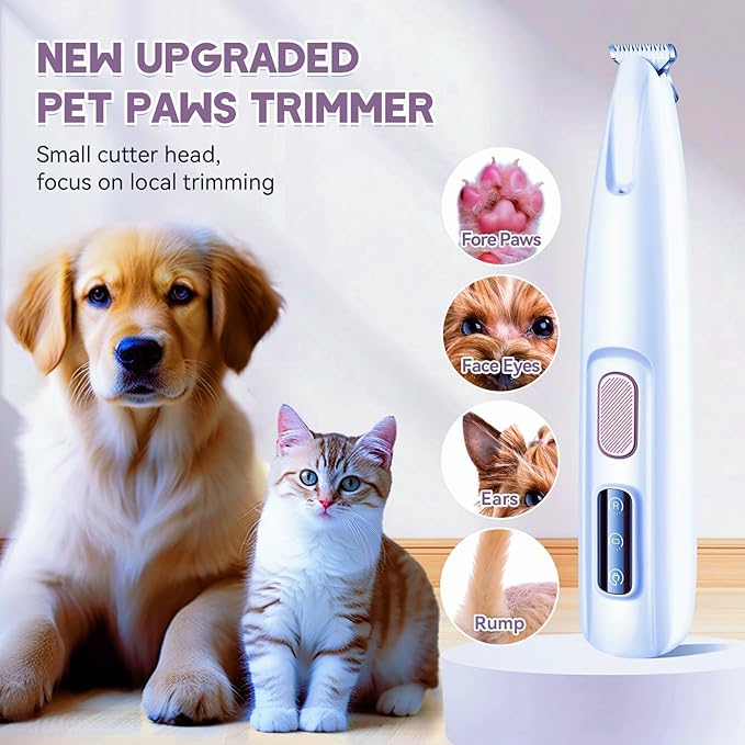 Professional Dog Paw Trimmer Electric, Pet Paw Trimmer with LED Light, Pet Hair Clippers Rechargeable Low Noise, Grooming Shaver for Dogs Cats Eyes Face Ears Feet Rump Hair, Waterproof, Cordless