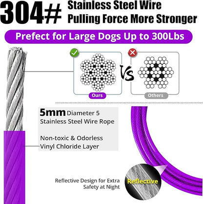 jenico Dog Tie Out Cable, 10/15/20/30/40/50/70/100/150FT Runner Cable with Swivel Hook and Shock Spring, Dog Leash Run Tether for Yard Outdoor and Camping,for Small to Medium Pets Up to 500 LBS
