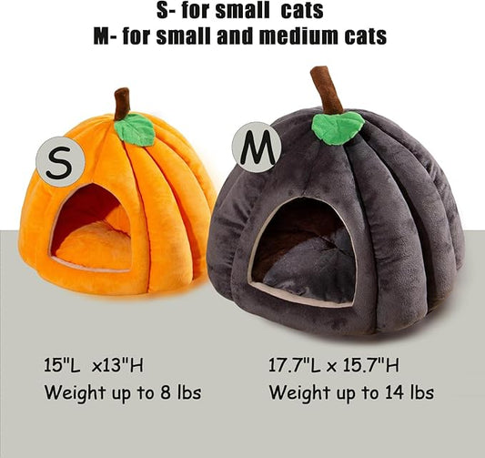 Cat Bed for Indoor Cats - Adorable Cozy Pumpkin Cat Cave with Removable Cushion, Super Soft Pet House Tent for Kittens & Small Pets, Warm & Washable Non-Slip Design(M 17.7 inch Grey)