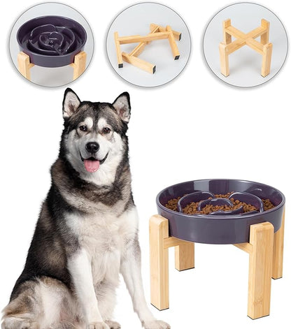 Elevated Slow Feeder Dog Bowl - Puzzle Maze Dish with Bamboo Stand - Raised Ceramic Food Bowl for Medium and Large Dogs - 8.8 Inch - Purple