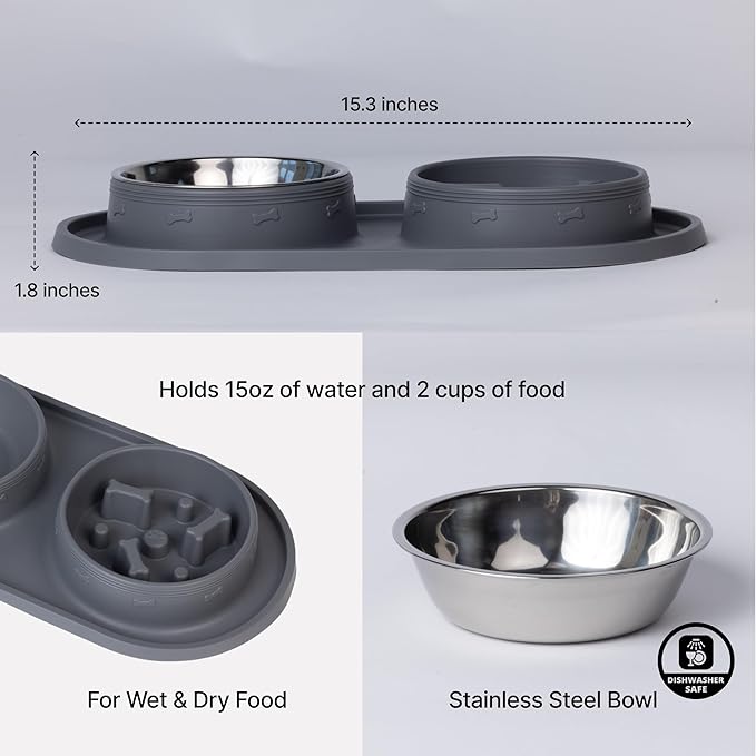 MalsiPree Cat & Dog Slow Feeder Bowl – Improve Digestion – Stainless Steel Water Bowl & Anti-Spill Silicone Mat – for Small & Medium Breeds – 15 oz - Puppy Slow Feeder