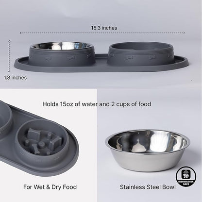 MalsiPree Cat & Dog Slow Feeder Bowl – Improve Digestion – Stainless Steel Water Bowl & Anti-Spill Silicone Mat – for Small & Medium Breeds – 15 oz - Puppy Slow Feeder