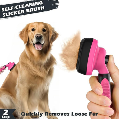 3PCS Self Cleaning Slicker Brush & Pet Grooming Rake & Bath Brush for Dogs,Cats and Horses | Double-Sided Dematting Comb & Skin Friendly Deshedding Grooming Tool | Premium Pet Supplies (Red Black)