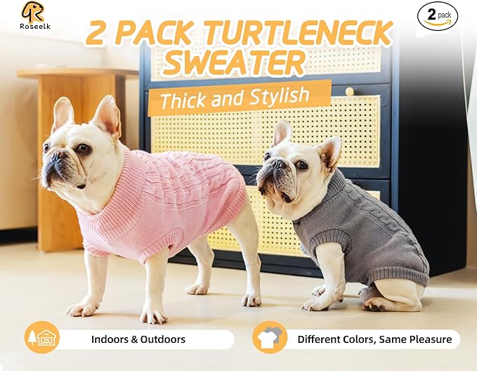 2 Pack Dog Sweaters for Small Dogs - Puppy Medium/Large Size Warm Clothes Winter, Turtleneck Pullover Design for Male Girl Pet, Doggie, Kitten Chihuahua Bulldog Pug Beagles (XL, Grey. Pink)