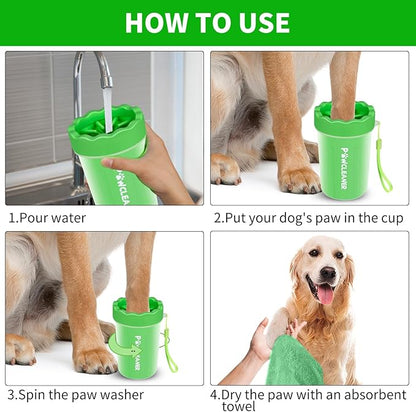 Professional 7 in 1 Dog Paw Cleaner for Dogs & Cats - Includes 1 Portable Paw Washer, 1 Bath Brush, 2 Dog Toothbrushes and 3 Absorbent Towels Note: Fits Paws 1.5 to 2.5 Inches Wide (Medium, Green)
