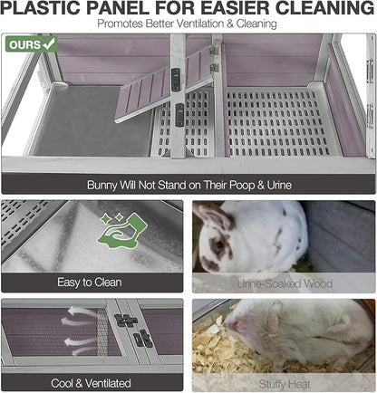Large Guinea Pig Cages Indoor with Wheels, Wooden Rabbit Hutch with Plastic Floor and Zinc Cool Plate, Anti-Chewing Ramp, Small Animal Habitat with Leakproof Tray for Hamster, Chinchillas, Rats