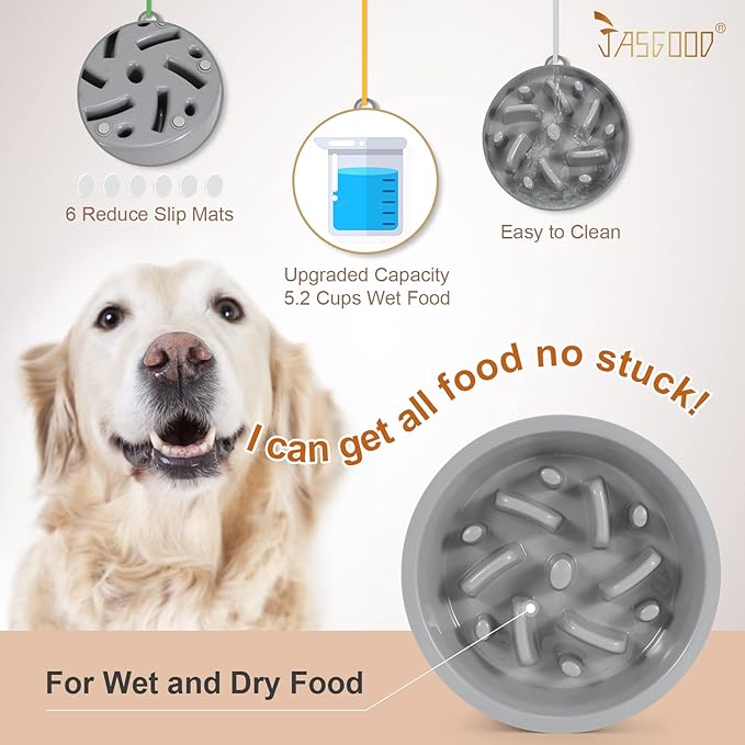 JASGOOD Largr Dog Slow Feeder Bowl - Reduce Slip Puzzle Bowl for Elevated Diners - Gray, Fit Opening 8.9"-9.25"