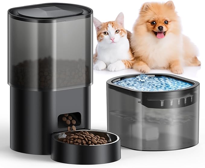 Automatic Cat Feeder and Water Fountain 5G WiFi Cat Food Dispensers, APP Remote Control, Programmable Timed Feeding,Dry Food Smart Feeder 10s Voice Recorder 1-10 Meals/Day for Cats Small Dogs