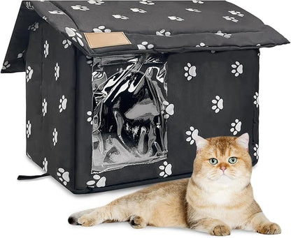 Fhiny Stray Cats Shelter, Waterproof Outdoor Cat House Foldable Warm Pet Cave for Winter Wild Animal Tent Bed Anti-Slip Kitten Cave for Feral Cat Dog Puppy Weatherproof Black (M:15.7"×13.7"×15.7")