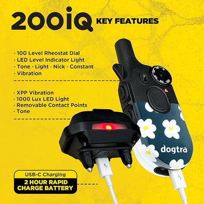Dogtra 200iQ Remote Training E Collar – 100 Levels, Tone, Vibration, 1/2 Mile Range – Compact, Waterproof, One-Handed Control for Dogs 10 lbs+ – Lightweight Design for Daily Training – Flower Power