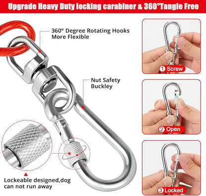 jenico Dog Tie Out Cable, 10/15/20/30/40/50/70/100/150FT Runner Cable with Swivel Hook and Shock Spring, Dog Leash Run Tether for Yard Outdoor and Camping,for Small to Medium Pets Up to 500 LBS