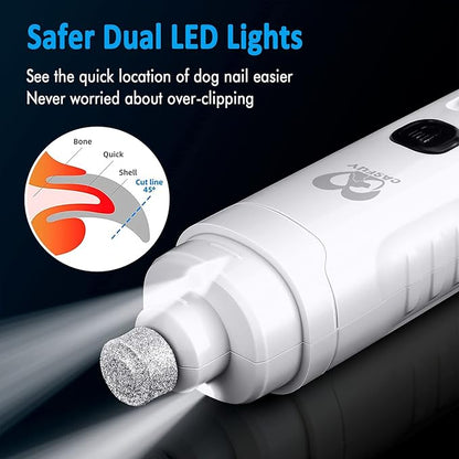 Casfuy Dog Nail Grinder with 2 LED Light for Large Medium Small Dogs - 3X More Powerful 2-Speed Electric Pet Nail Trimmer Rechargeable Quiet Painless Paws Grooming & Smoothing Tool (White)