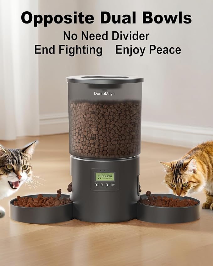Automatic Cat Feeder for 2 Cats,Dry Food Dispenser with Double Bowls and Clear 4.2L Capacity,Programmable Portion Control,Up to 6 Meals per Day,10-Second Voice Recording,Dual Power-Black