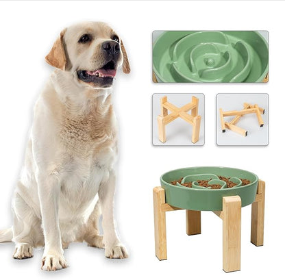 Elevated Slow Feeder Dog Bowl - Puzzle Maze Dish with Bamboo Stand - Raised Ceramic Food Bowl for Medium and Large Dogs - Green - 8.8 inch