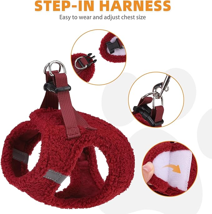 KOOLTAIL Plush Small Dog Harness and Leash Set, Warm Fleece No Pull Puppy Vest for Winter, Lightweight Reflective Step in Pet Harness for Medium Sized Dogs Boy Girl Outdoor Walking, Christmas Red S