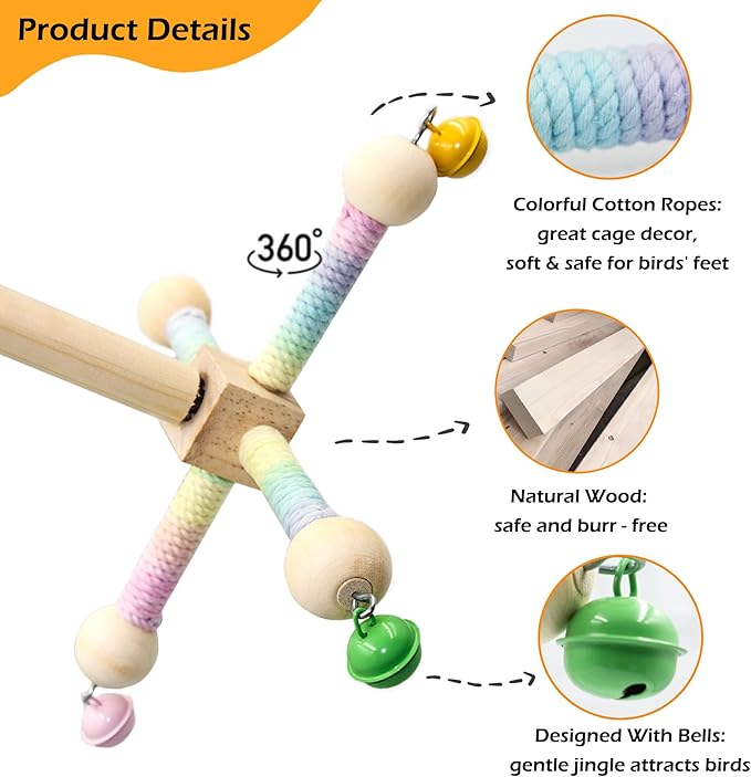 Bird Stand Perch Toy with Bells, Interactive Spinning Parakeet Toys, Wooden Exercise Wheel Parrot Toy, Enrichment Cockatiel Toy for Birds Cage, Bird Cage Accessories Perch Toys for Budgies (S, Bells)