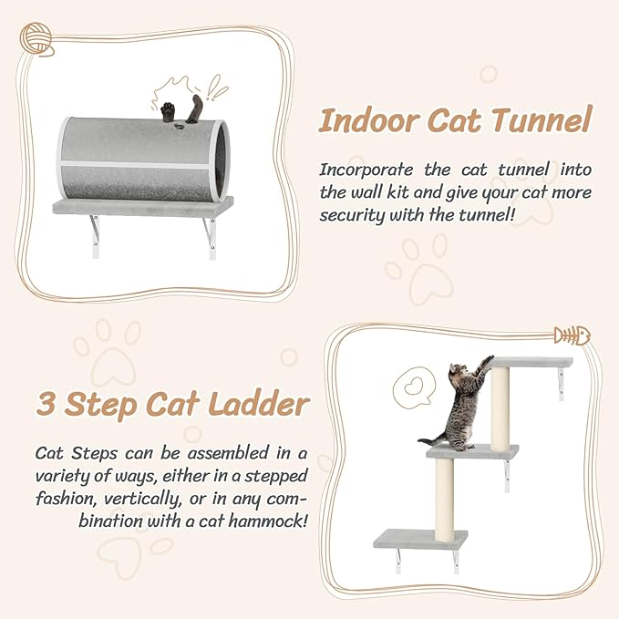 NUNU LAB 14-in-1 Cat Wall Shelves Set, Wall-Mounted Cat Climber with Bridge, Tunnel, House, Scratcher, Steps, Indoor Space-Saving Furniture for Kittens Play, Gray