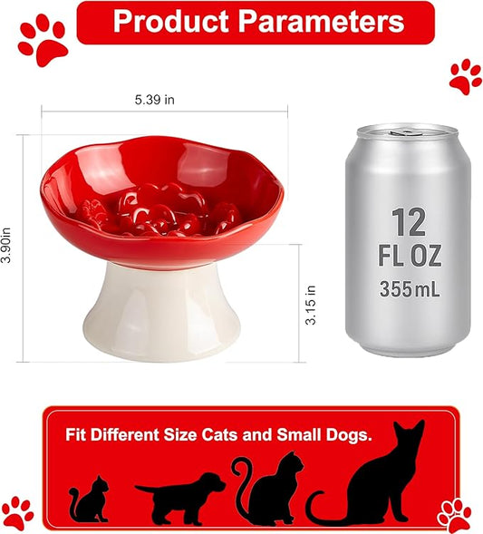 Ceramic Slow Feeder Bowl for Cats and Small Dogs, Elevated Tilted Pet Food Dish, Whisker Friendly Anti-Vomit Design, Heavy Stable Base, Dishwasher Safe， 5 Colors Options (Ruby Red)