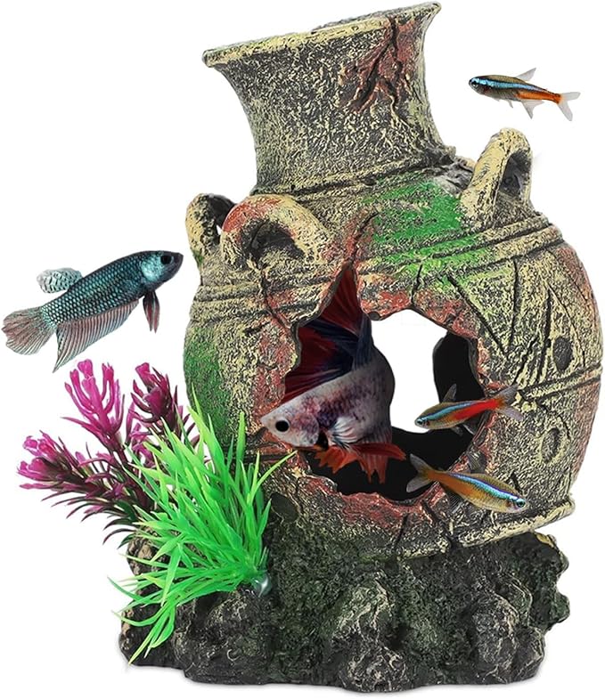 UNEAK - Aquarium Decorations Big Cave Fish Tank Large Vase Jar Jug Sunken Ornament Landscaping Rocks Saltwater Freshwater Small & Medium Fish Garden Pond Ornaments Resin