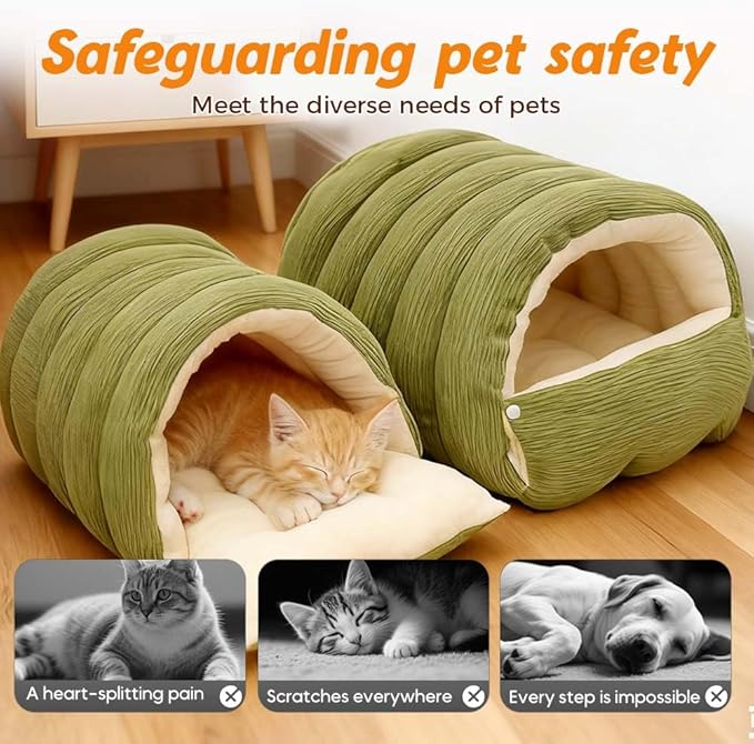 Cat Dog Cave Bed, 2026 New Winter Cave for Dog and Cat, Warm Plush Covered Cat House with Removable Cushion, Soft Sleeping Bed for Indoor Cats (Beige, Large)