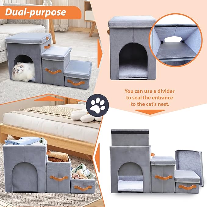 24" H Dog Stairs for High Beds Up to 32" H - Pet Steps for Small Medium or Large Dogs, Foldable Cat Stairs with Storage & Condo, 3-Step Pet Stairs for Couch & Window Sill, Hold Up to 150Lbs