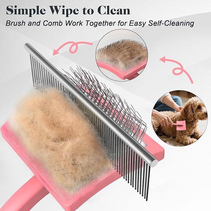 2PCS Slicker Brush for Dogs & Pet Comb,Professional Dog Grooming Brush (Goldendoodles,Poodles,Labradoodles) with Extra Long Pins to Effectively Remove Tangles, Knots and Mats (Light Pink, Large)