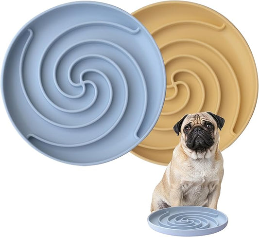 Slow Feeder Dog Bowls, Dishwasher Microwave Safe Silicone Puppy Puzzle Bowl with Non-Slip Design for Eating (Blue and Yellow)
