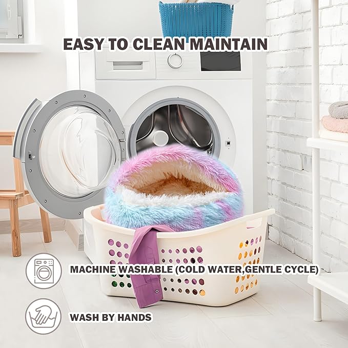 Cat Bed for Indoor Cats, Calming Cozy Cave with Self-Warming Plush, Entire Bed Machine Washable & Anti-Slip Base, Breathable Pet Bed for Small Cats&Dogs All Seasons (Dazzling colors, 24*24inch)
