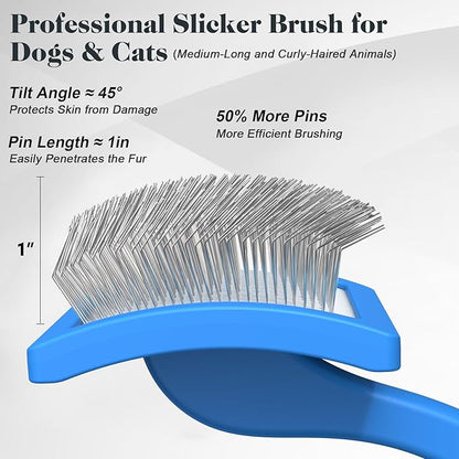 2PCS Slicker Brush for Dogs & Pet Comb,Professional Dog Grooming Brush (Goldendoodles,Poodles,Labradoodles) with Extra Long Pins to Effectively Remove Tangles, Knots and Mats (Blue, Large)