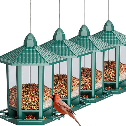 Birdream 4 Pack Bird Feeders for Outdoor Hanging, 10 LB Fun Installation Retro Pagoda Design Bird Feeder, Attracting Wild Birds Chickadees Goldfinches Cardinals Finches and Sparrows (Green)