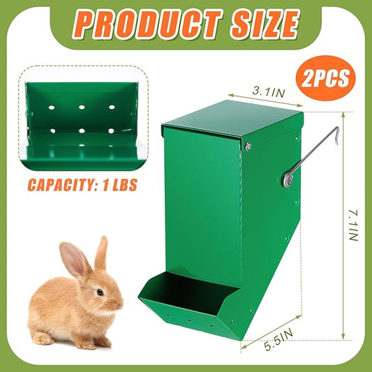 Maxcheck 2 Pcs Rabbit Feeder for Cages Small Animal Food Dispenser with Lid Metal Chicken Grit Oyster Shell Feeders Outside(3.2 Inches,Mesh Bottom,Green)