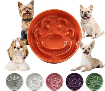 Ceramic Dog Slow Feeder Bowl - Small Dog Food Dish with Maze Puzzle Design - Slow Eating Puzzle Feeder for Pet Feed & Food Control - Whisker-Friendly Bowl for Cat Feeding - 6.3 Inch - 180 g - Orange