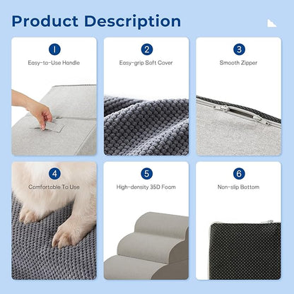 Dog Stairs Ramp for High Beds Up to 26" H - 5 Steps Pet Stairs for Couch, 35D Foam Dog Steps for Small to Large Dogs with Non-Slip Bottom Grey