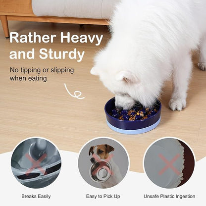 Sted Ceramic Slow Feeder Dog Bowl for Medium Large Breed, Puzzle Dog Food Bowl with Silicone Base, Maze Blue