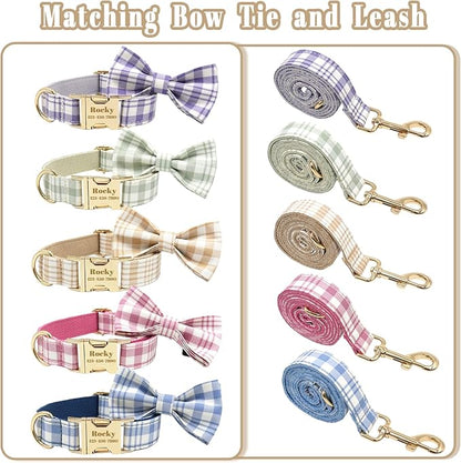 Custom Personalized Dog Collars with Pet Name/Phone Number Engraved Gold Metal Buckle - Soft Adjustable Collar for Small Medium Large Dogs (Plaid)