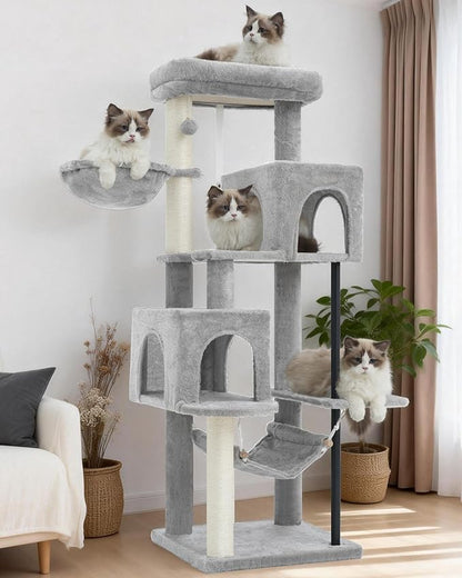 51.2'' Cat Tree Tower, Cat Tower with Scratching Post, Sturdy Steel Pube Cat Tree for Inoor Cats Large Adult, Cat Hammock and Basket, Padding Top Platform, Light Gray GCT014W