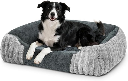 Dog Beds for Large Sized Dogs 35x28 Inch, Comfort-Sided Orthopedic Dog Bed Couch with Breathable Shredded Memory Foam, Faux Rabbit Fur Pet Bed, Non-Detachable, Non-Slip, Machine Washable