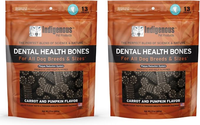 Indigenous Pet Dental Health Bones Regular 2 Pack – Carrot & Pumpkin (17 Ounce x 2) | Grain-Free Dog Chews with Prebiotics & Omegas | Freshens Breath, Supports Digestive, Skin & Coat Health |