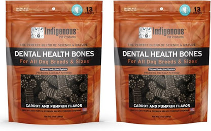 Indigenous Pet Dental Health Bones Regular 2 Pack – Carrot & Pumpkin (17 Ounce x 2) | Grain-Free Dog Chews with Prebiotics & Omegas | Freshens Breath, Supports Digestive, Skin & Coat Health |