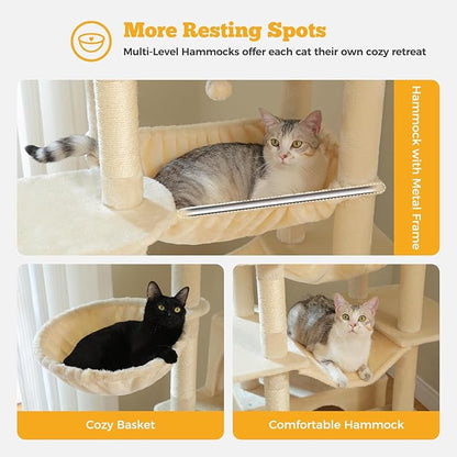 81" Heavy Duty Cat Tree for Large Cats up to 20lbs - Extra Tall Cat Tower with Metal Frame Hammock, 6 Sisal Scratching Posts, 2 Perches - Indoor Cat Furniture for Maine Coon, Big Cats, Beige
