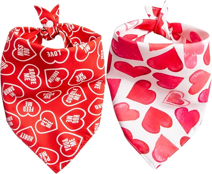 Dimidium Valentines Day Dog Bandanas 2 Pack - Double Sided Heart Patterns & Affection Phrases, Adjustable Snap Button, Romantic Costume Accessory for V-Day, Medium Large Breeds 30-75lbs