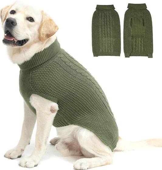 XL Dog Sweater, Classic Cable Knit Warm Dog Sweatshirt with Reflective Yarn for Girl Boy, Halloween Fall Winter Coat Turtleneck Pullover Clothes Apparel for Small Medium Large Dogs, Green XL