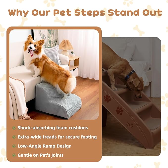 Dog Stairs for Small Dogs and Cats, 12" H 2 Steps Pet Steps Ramp for High Bed, Couch, Sofa, Waterproof Pet Stairs with Removable Washable Cover, Non-Slip Bottom, Light Gray
